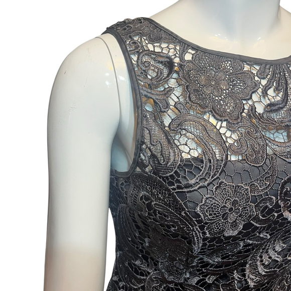 Adrianna Papell Lace Illusion Sheath Dress Charcoal Floral Cocktail, 14 - Picture 4 of 13